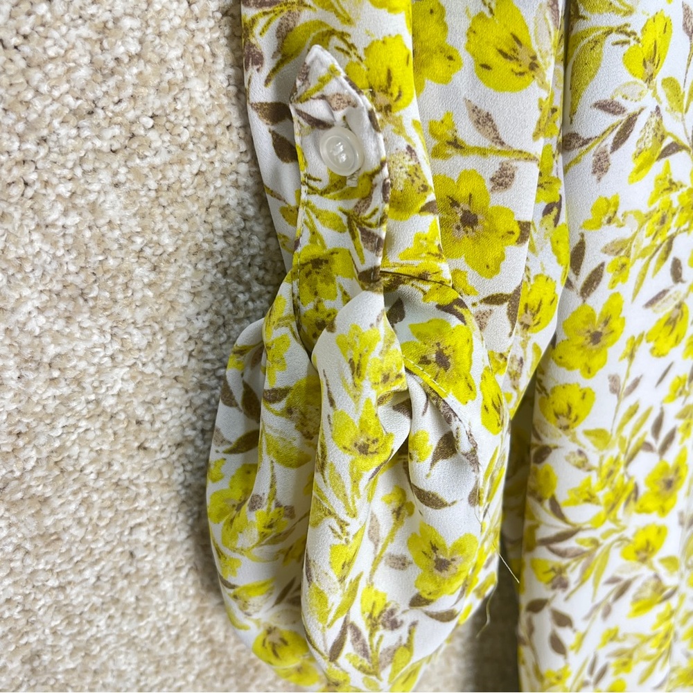 Imperfect yellow floral pocket dress vneck pointed collar lined bright bohemian - Picture 9 of 16